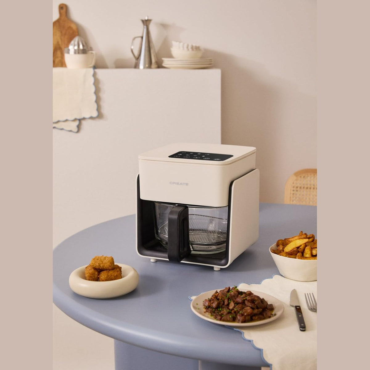 CREATE Air Fryer Studio Crystal/Oil-Free Hot Air Fryer, 4.2 L, without Water Steamer, Off white Capacity 5-6 Servings, 6 Programmes, Glass Container, Time and Temperature Control, 1300 W (Copy)