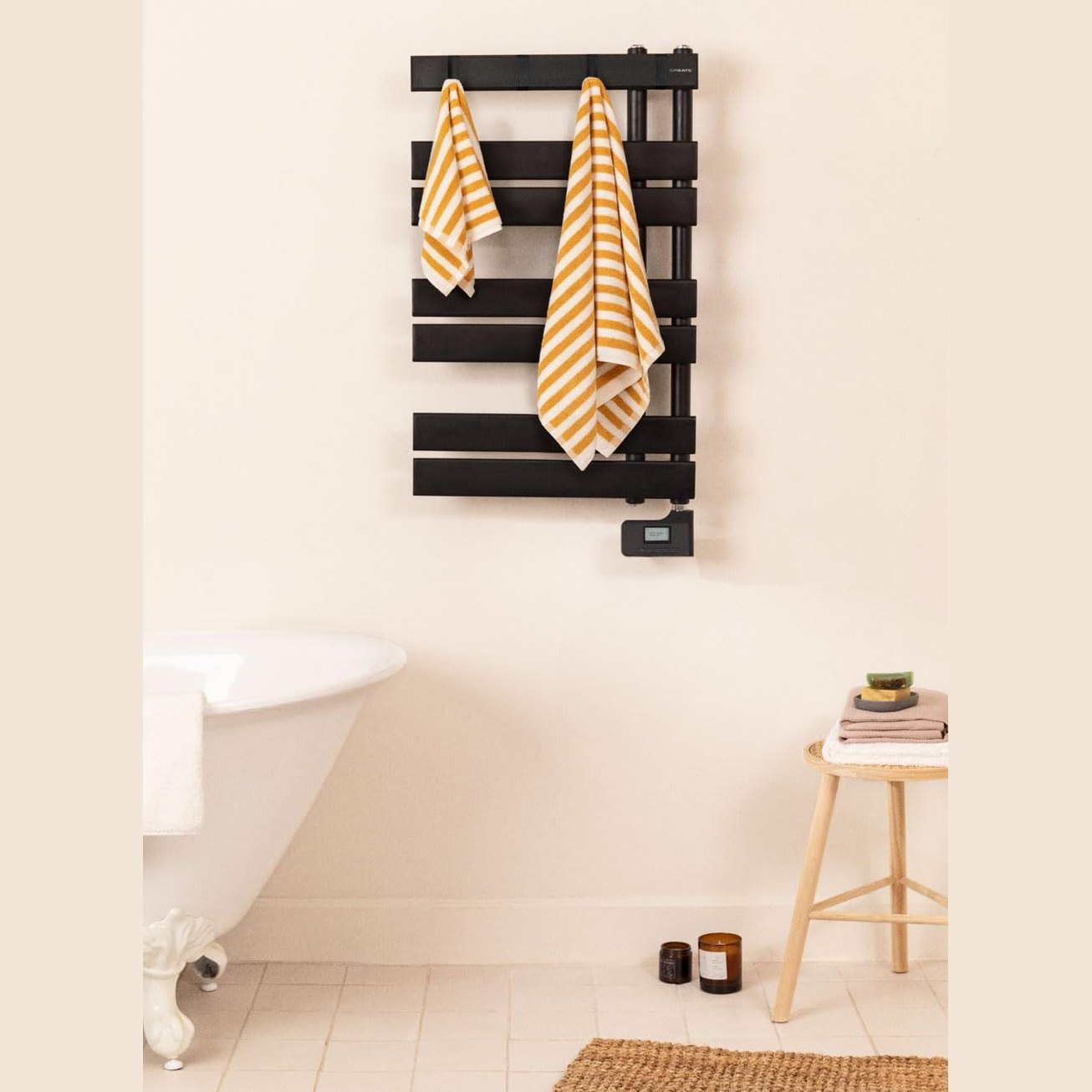 Create - Warm Towel Modern/Electric Towel Holder for Wall Black / 80 x 50 cm / 2 in 1, 6 Operating Modes, LCD Display, Timer up to 24 Hours, 400 W