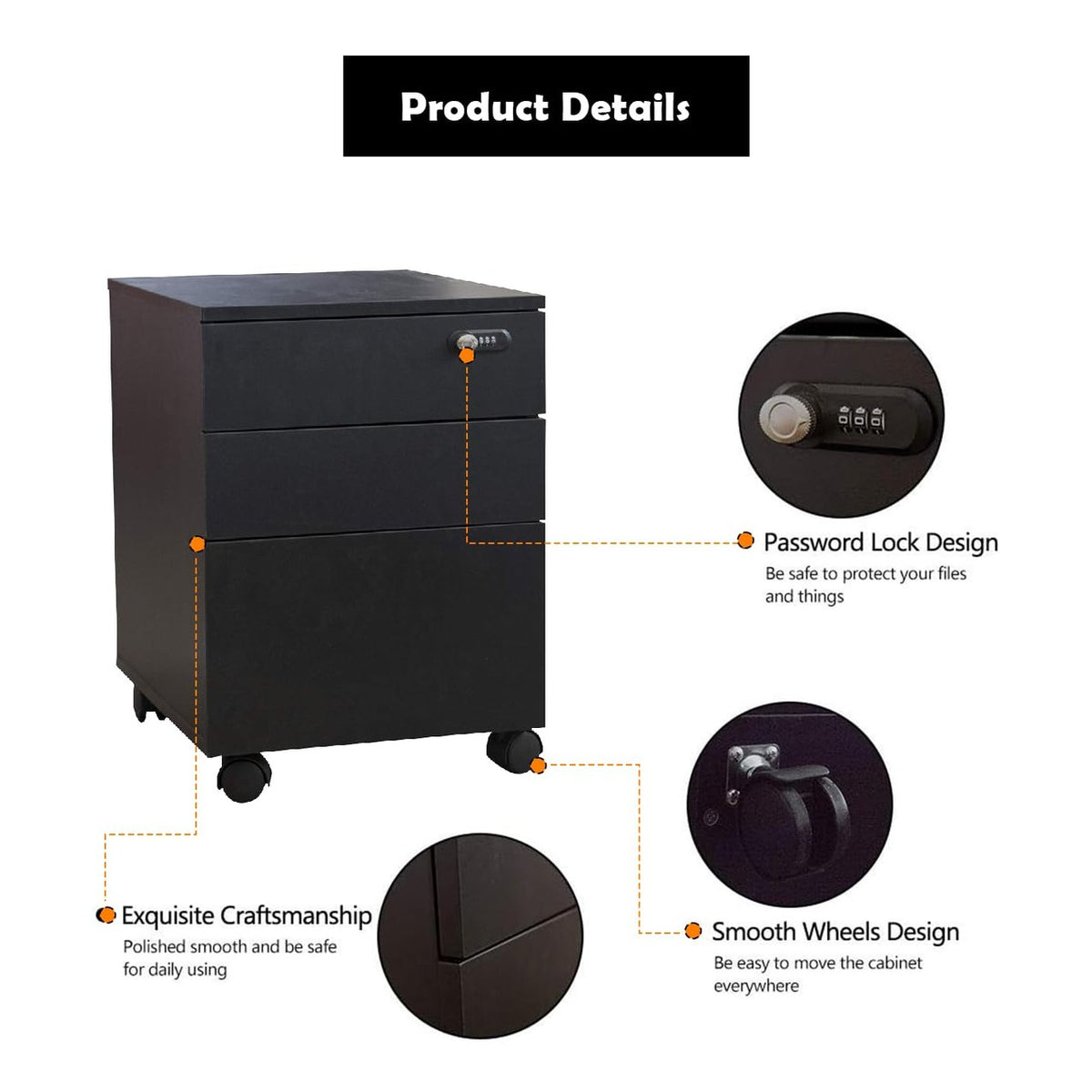 Happy Home 3 Drawer Lockable Wooden Document Cabinet