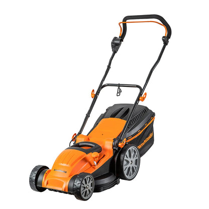 Lawnmaster electric lawnmower with 1800W motor, 40cm cutting width, and 6-way height adjustment