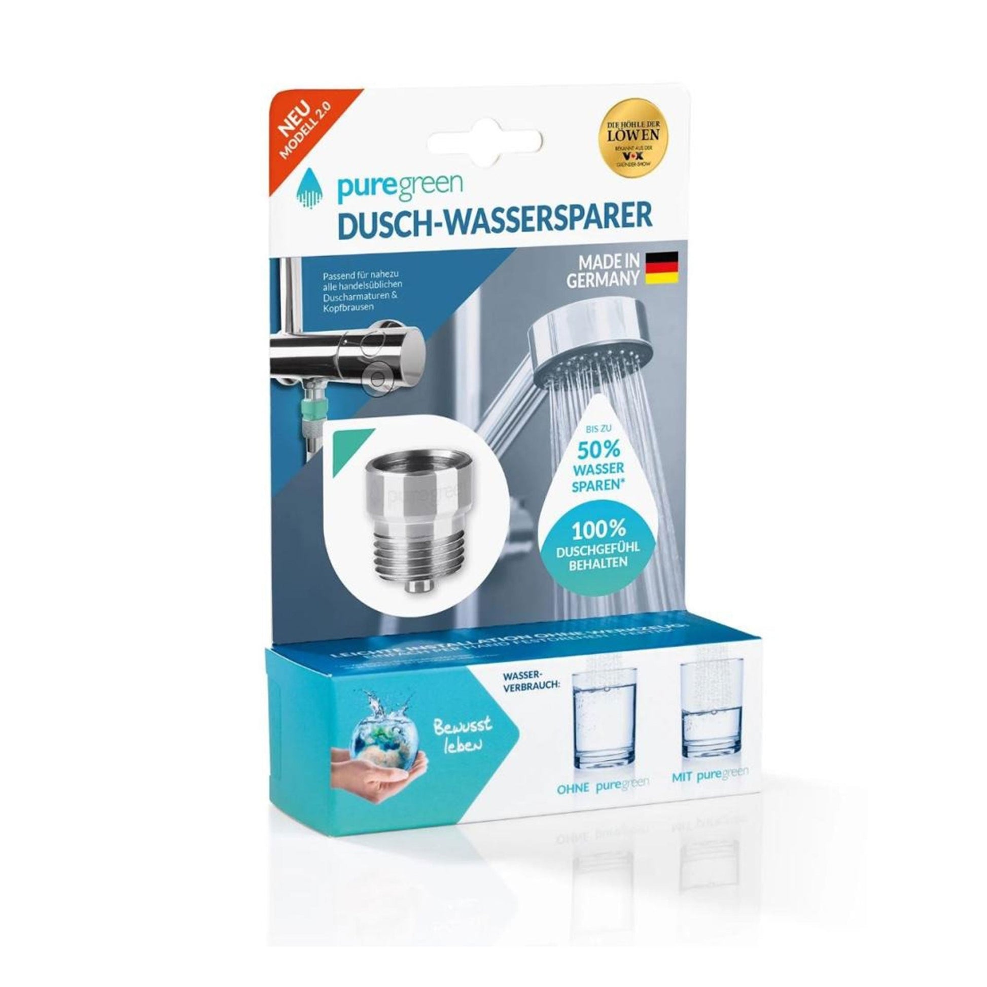 Puregreen shower water saver, a metal attachment that saves water