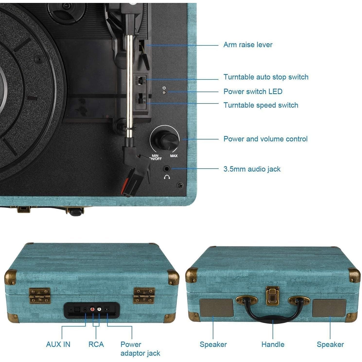 Suitcase - Vintage 3-Speed Bluetooth Vinyl Record Player with Built-in Speakers