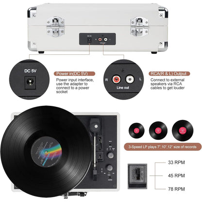 Suitcase - Vintage 3-Speed Bluetooth Vinyl Record Player with Built-in Speakers