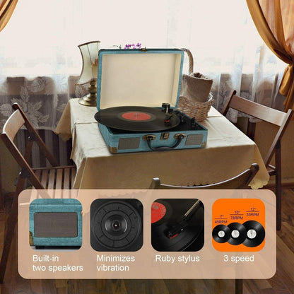 Suitcase - Vintage 3-Speed Bluetooth Vinyl Record Player with Built-in Speakers