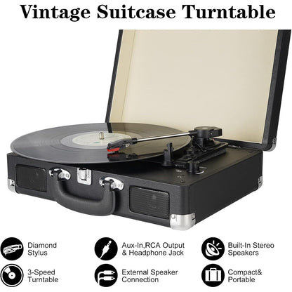 Suitcase - Vintage 3-Speed Bluetooth Vinyl Record Player with Built-in Speakers