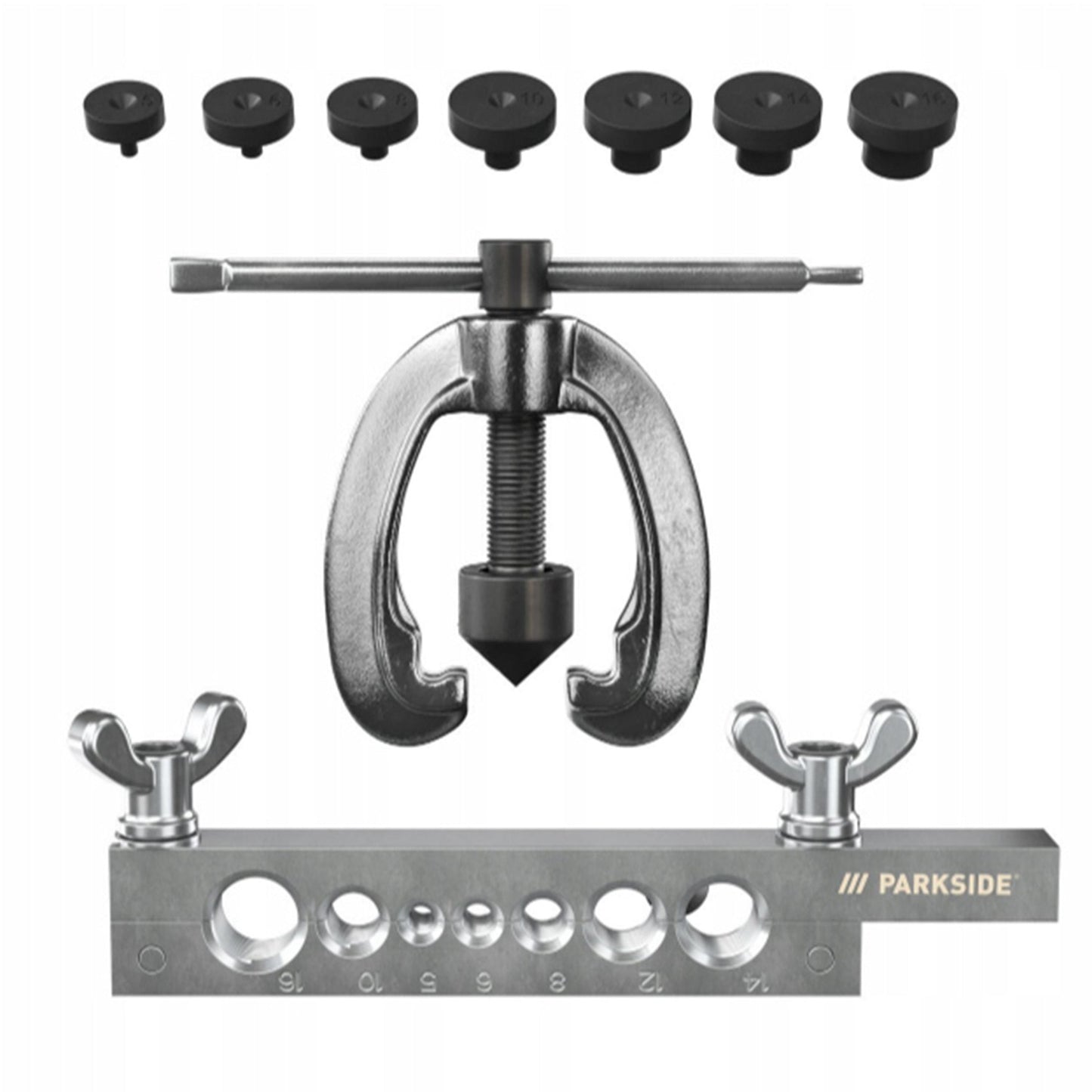 Parkside pipe flaring tool set with adjustable flaring and crimping capabilities