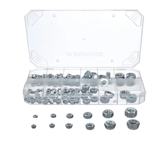 165-piece galvanized hex nut assortment in a case with various sizes