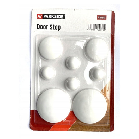 A set of 8 round white door stoppers from Parkside, including various sizes for versatile use.