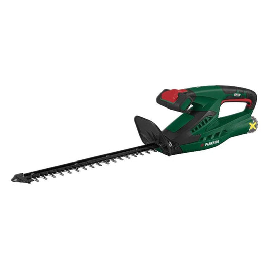 Parkside cordless hedge trimmer with ergonomic handles and safety features
