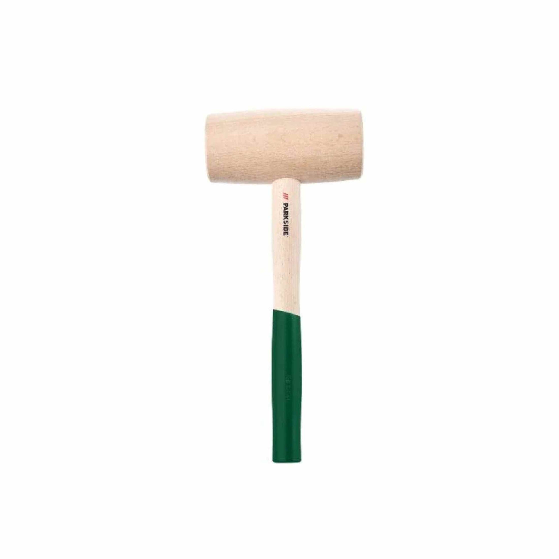 Wooden mallet with a rubber head and green handle, suitable for various striking tasks.