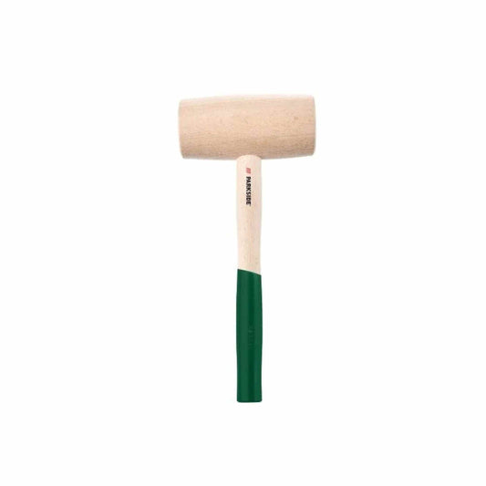 Wooden mallet with a rubber head and green handle, suitable for various striking tasks.
