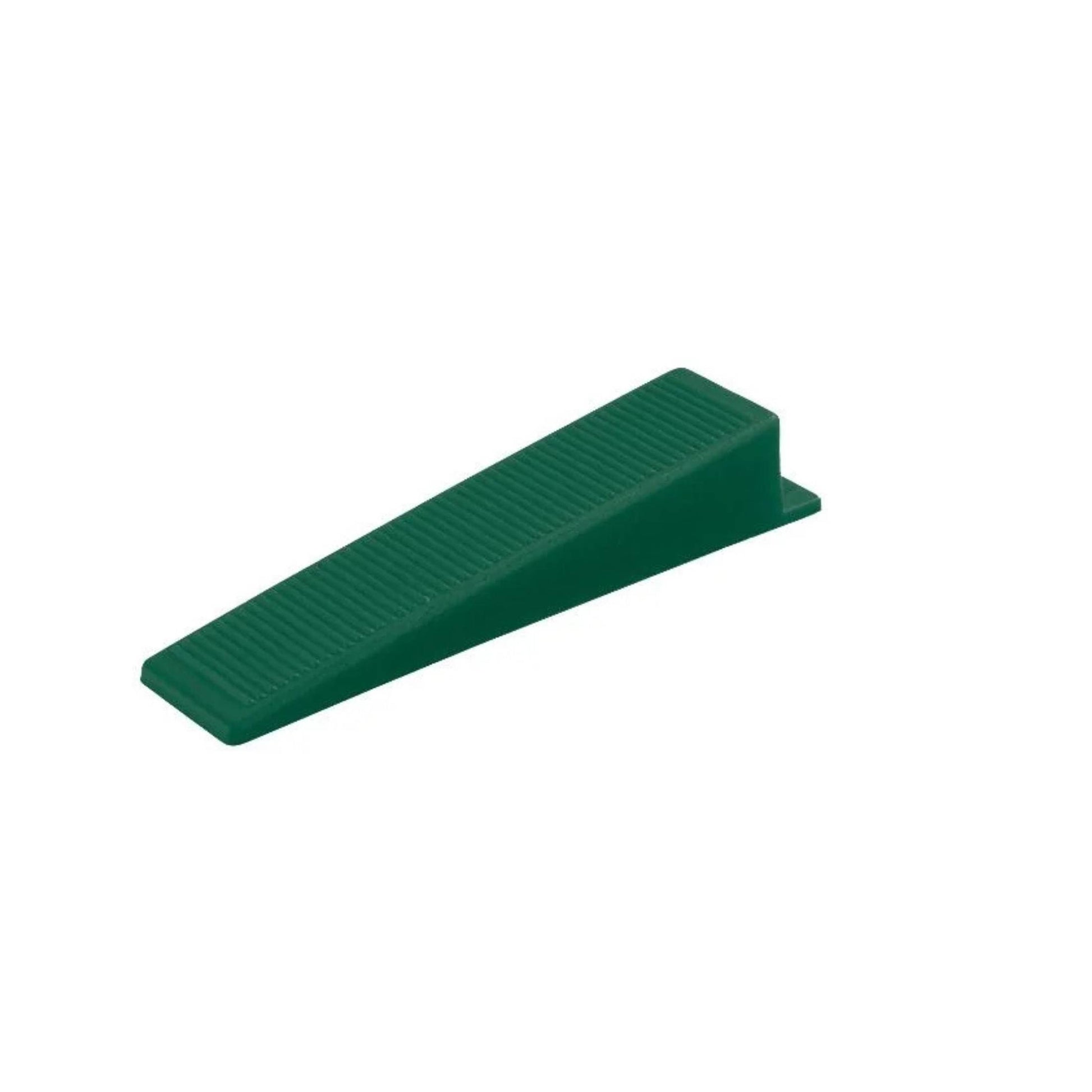 Green wedge-shaped plastic door stop with rubber base