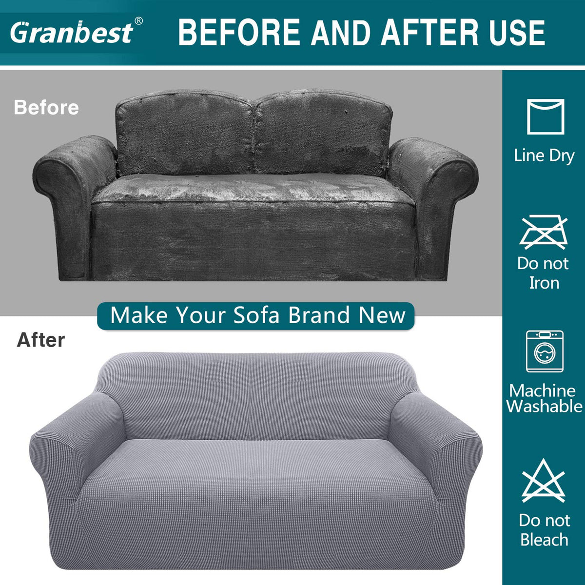 Granbest High Stretch Sofa Cover for 2 Seater in Light Gray