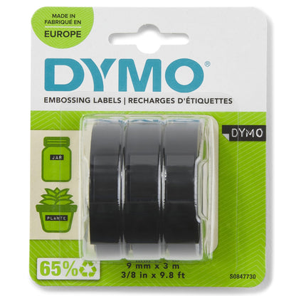 Dymo embossing label tape with white print on black background