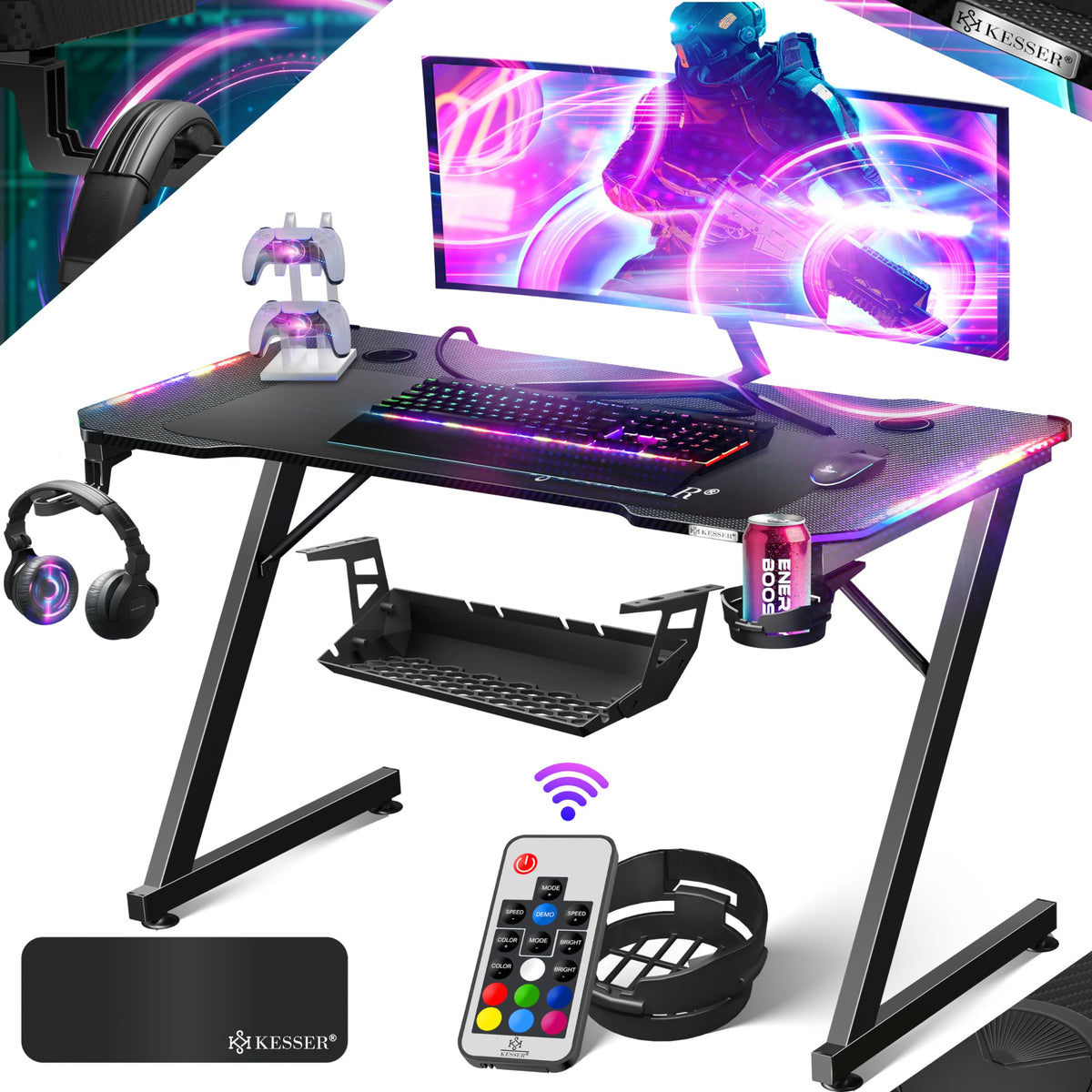 KESSER Gaming Table LED with Z-shape design, carbon coating, headphone hook, and cup holder