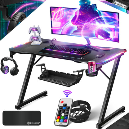 KESSER Gaming Table LED with Z-shape design, carbon coating, headphone hook, and cup holder
