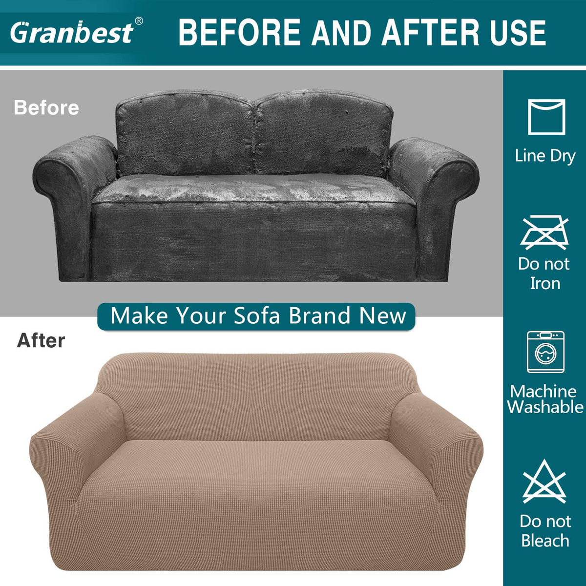 Granbest High Stretch 2 Seater Sofa Cover in Sand