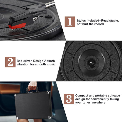 Suitcase - Vintage 3-Speed Bluetooth Vinyl Record Player with Built-in Speakers