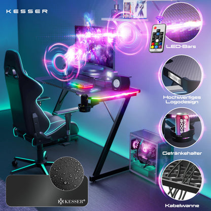 KESSER Gaming Table LED 100cm x 60cm | Z-Shape Desk | Ergonomic