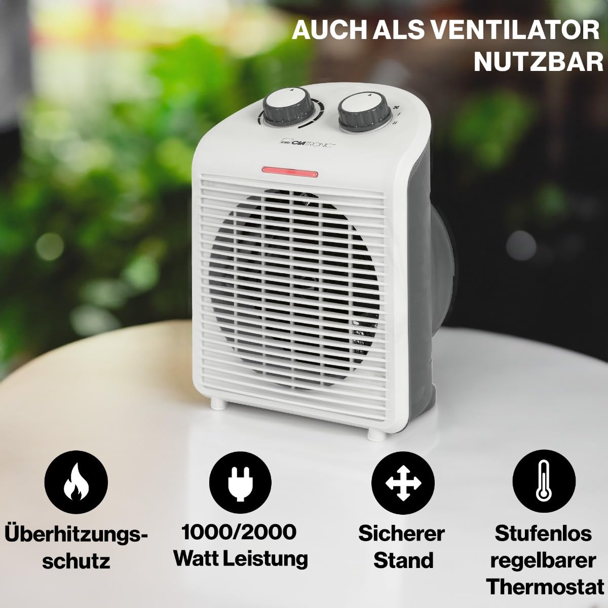 Clatronic HL 3761 263951 Fan Heater, Mobile & Compact Fan Heater, 2 Heat Settings (1000/2000 W), Cold Level (Fan), Sturdy Carry Handle, White