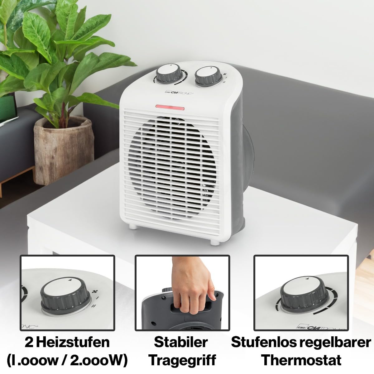 Clatronic HL 3761 263951 Fan Heater, Mobile & Compact Fan Heater, 2 Heat Settings (1000/2000 W), Cold Level (Fan), Sturdy Carry Handle, White
