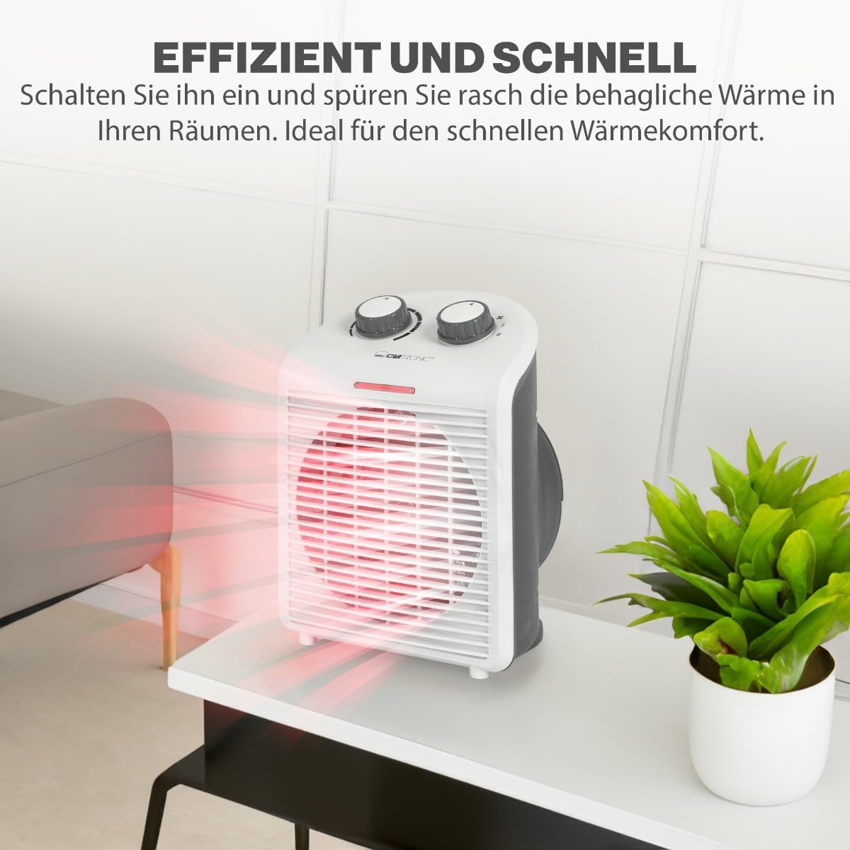 Clatronic HL 3761 263951 Fan Heater, Mobile & Compact Fan Heater, 2 Heat Settings (1000/2000 W), Cold Level (Fan), Sturdy Carry Handle, White