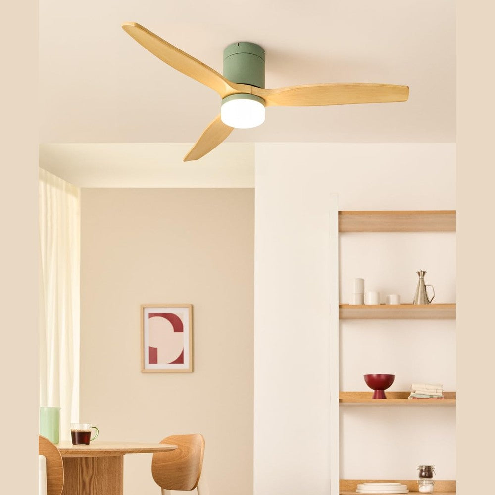 CREATE Windcalm M/Ceiling Fan ABS with Lighting Sage Green Light Wood Wing Look with Remote Control / 40 W, Quiet, Diameter 132 cm, 3 LED Temperatures, Timer, Summer/Winter Operation