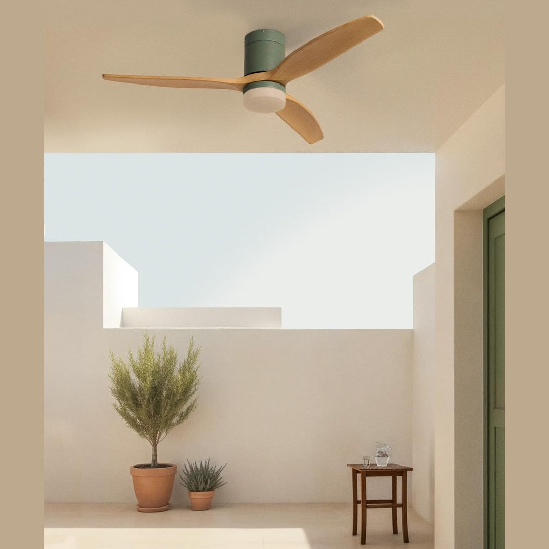 CREATE Windcalm M/Ceiling Fan ABS with Lighting Sage Green Light Wood Wing Look with Remote Control / 40 W, Quiet, Diameter 132 cm, 3 LED Temperatures, Timer, Summer/Winter Operation
