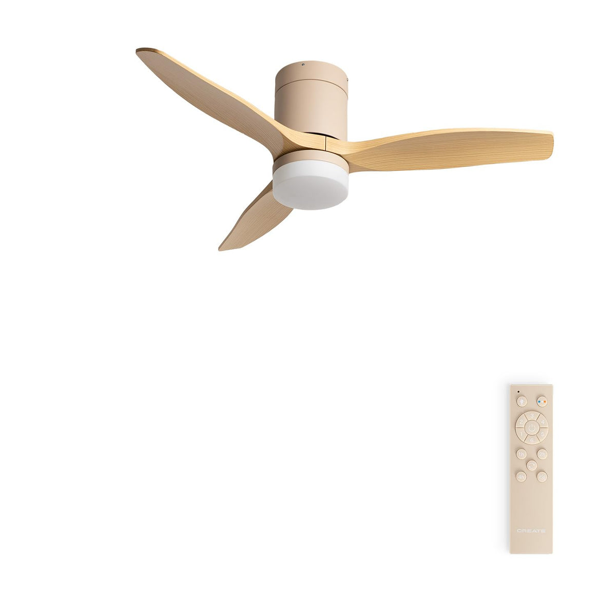 CREATE / WINDCALM S/Ceiling fan ABS sand light wood blades light with remote control/Silent, Ø112 cm, 6 speeds, 3 temperatures, timer, summer-winter