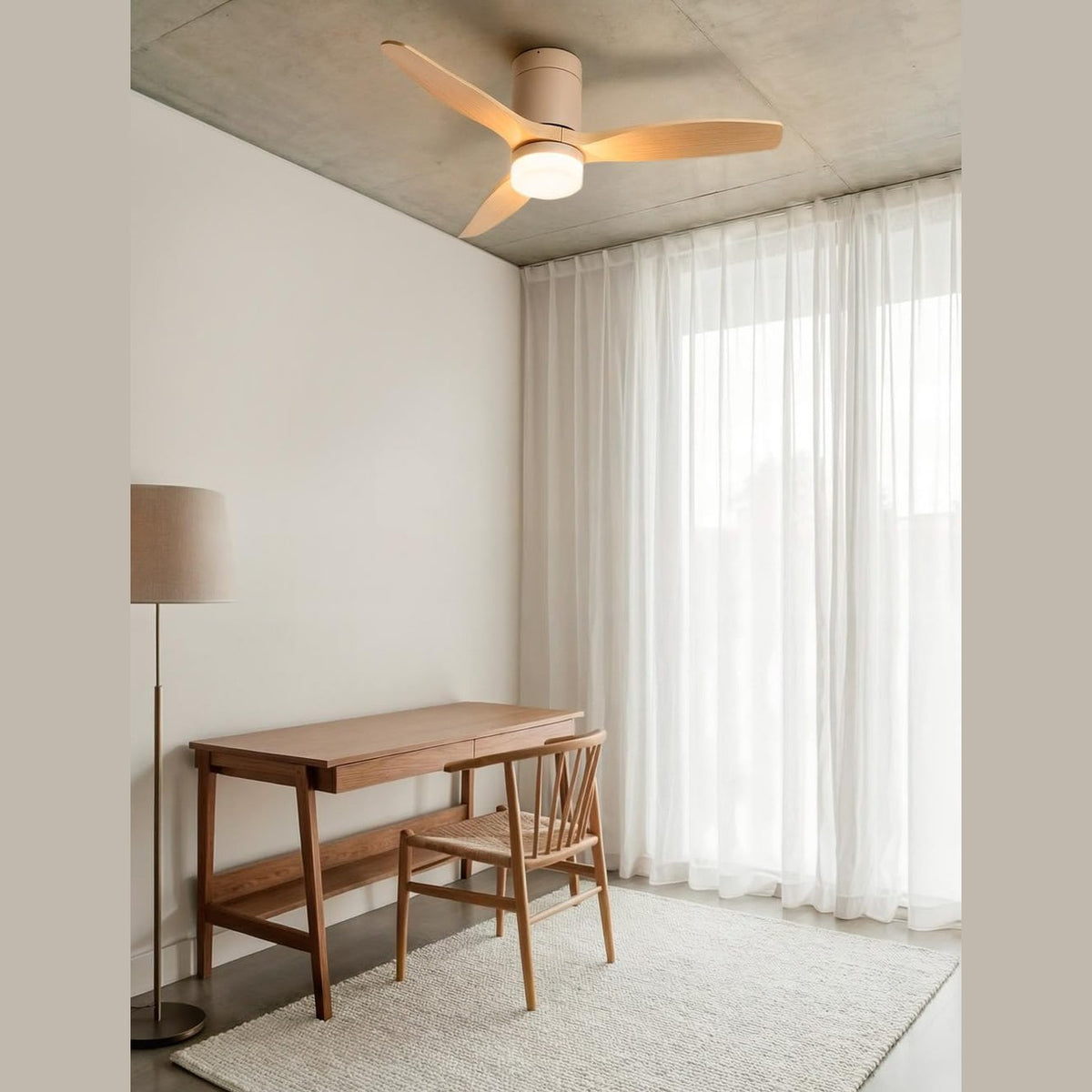 CREATE / WINDCALM S/Ceiling fan ABS sand light wood blades light with remote control/Silent, Ø112 cm, 6 speeds, 3 temperatures, timer, summer-winter