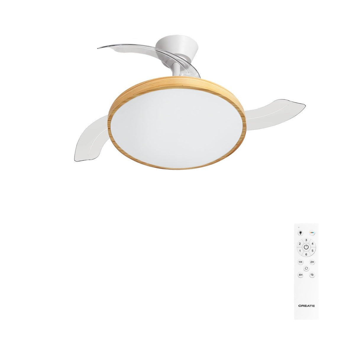 CREATE / Wind Clear Studio M/Ceiling Fan with Lighting White Light Wood Blades with Remote Control / 40 W, Timer, Diameter 108 cm, Retractable Blades, 3 LED Temperatures, Summer/Winter Operation