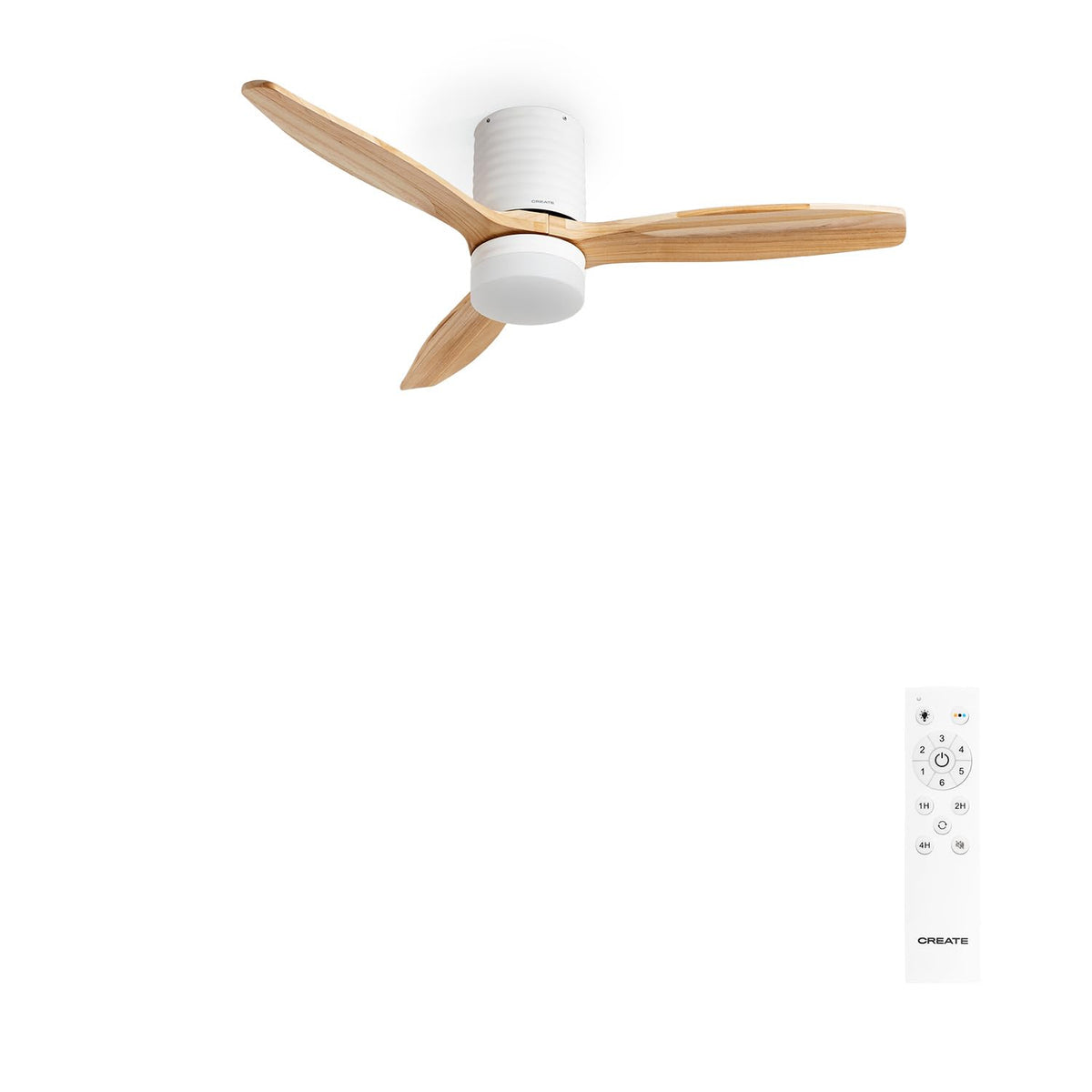 CREATE / WINDCALM LINE/White ceiling fan with light with remote control, natural wood blades horizontal lines / 40W, Ø132 cm, 3 light temperatures, timer, summer-winter function