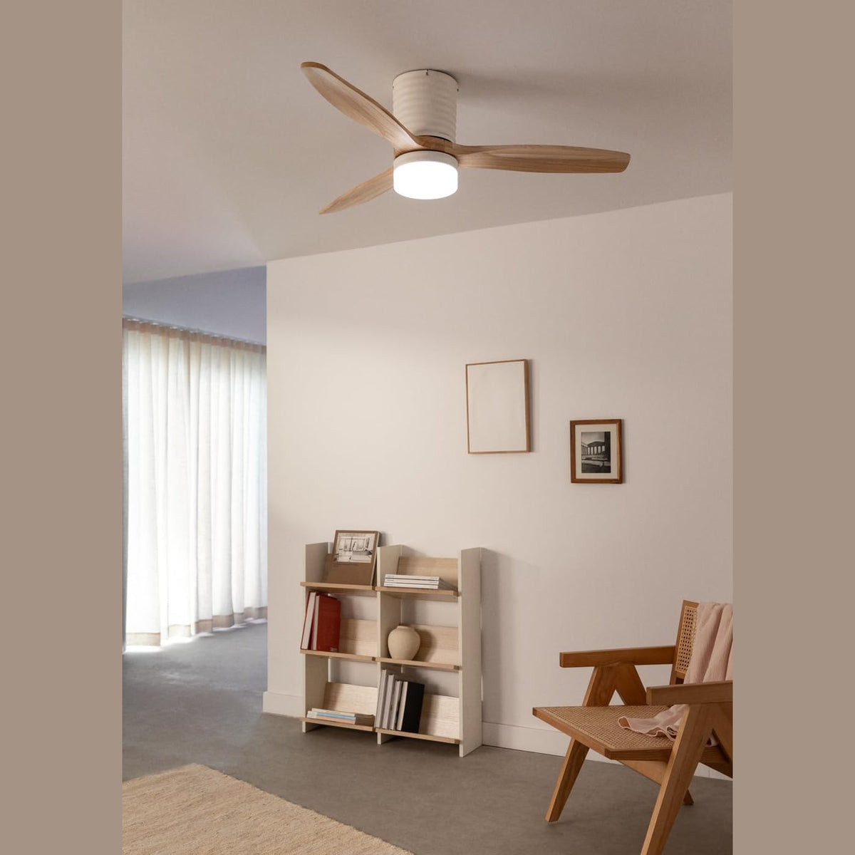 CREATE / WINDCALM LINE/White ceiling fan with light with remote control, natural wood blades horizontal lines / 40W, Ø132 cm, 3 light temperatures, timer, summer-winter function