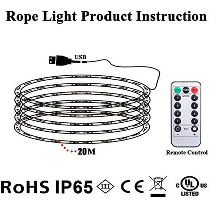 Afufu - 20m RGBY LED Tube Light, IP65 Waterproof, 8 Remote Modes, Timer