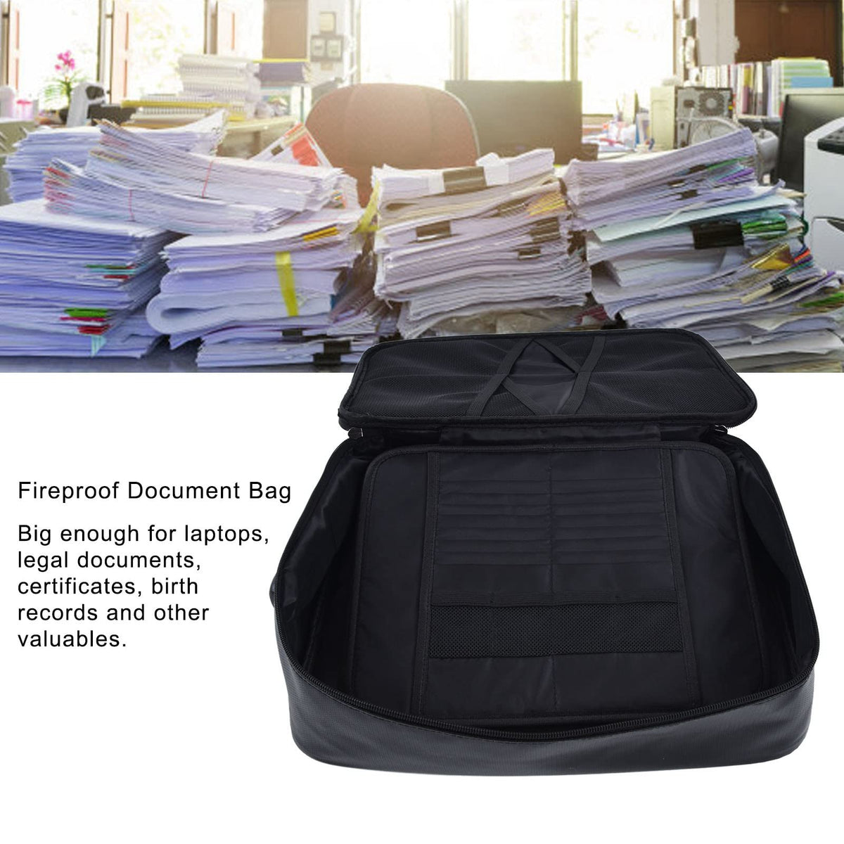 Fireproof Document Bag Large Storage Box Case with Lock for Office Home Rated IP65 Oxford Fabric Black (Black)