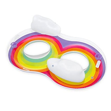 Enjoy the Bestway 2 Person Inflatable Swim Ring featuring a vibrant rainbow design and convenient cup holders. Perfect for summer fun! Keywords: inflatable swim ring, double float, rainbow design