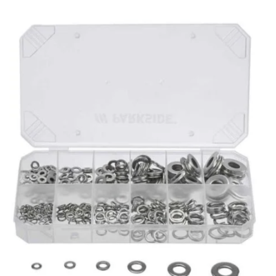 Assorted metal fasteners kit containing nuts, bolts, washers, and screws