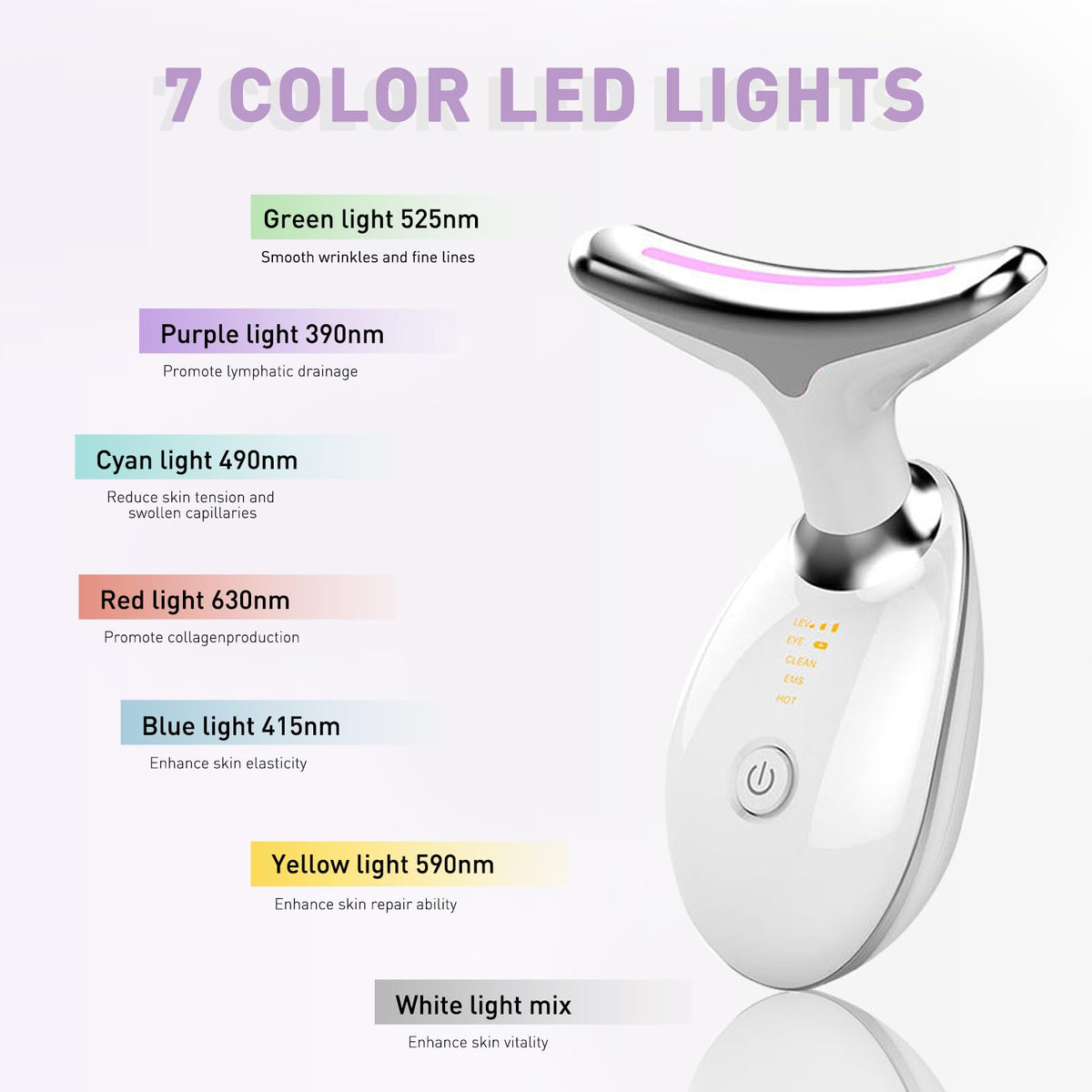 Neck & Face Massager, 7-Color LED Multifunctional Facial Massager, White - Face Sculpting Tool