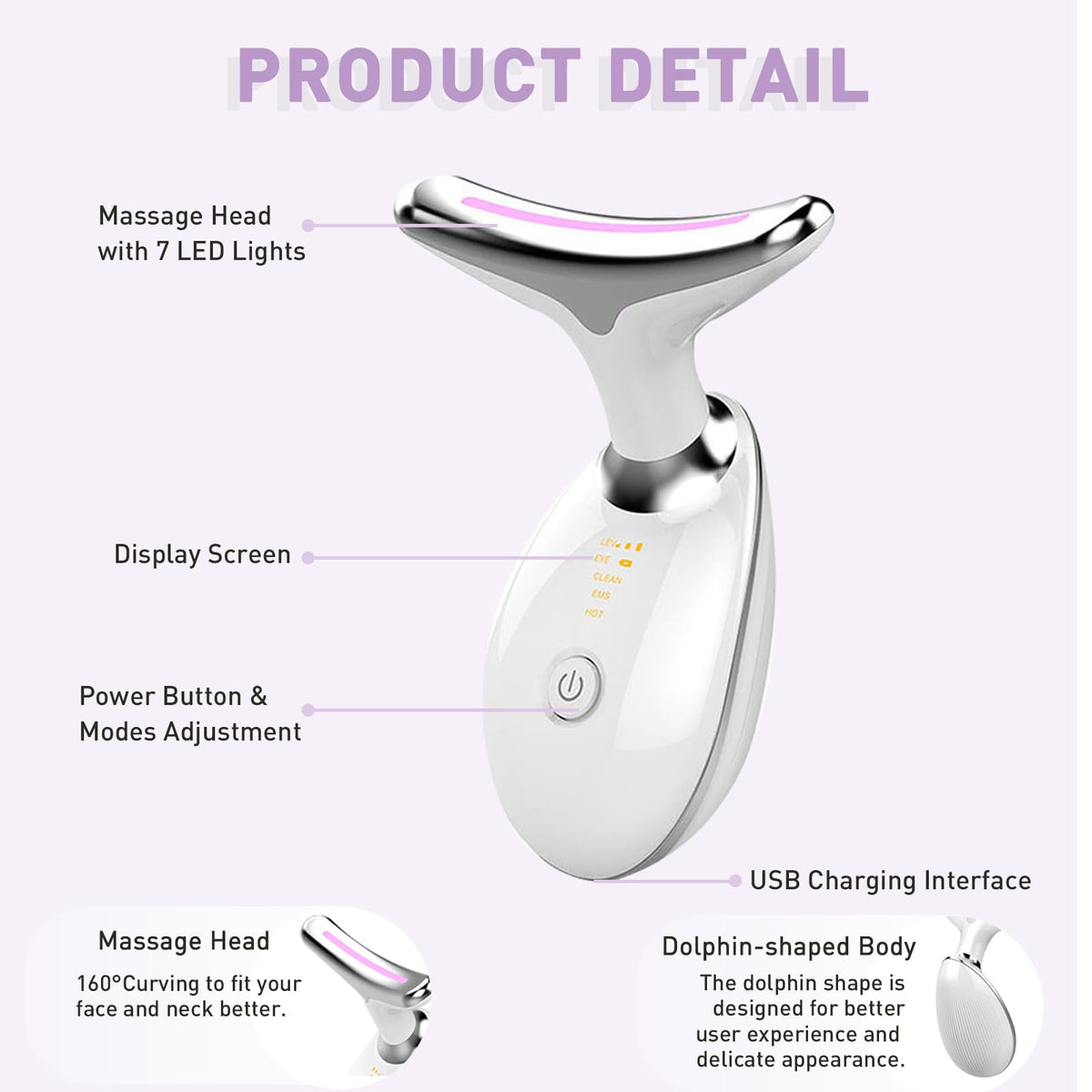 Neck & Face Massager, 7-Color LED Multifunctional Facial Massager, White - Face Sculpting Tool