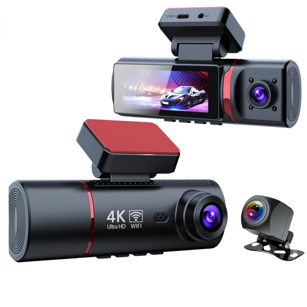 4K 3 Channel Dash Camera for Cars, Built-in Wifi App with GPS Tracker Car DVR Tracker, IR Night Vision Video Recorder 2160P+1080P+1080P, 360 Degree Panoramic Protection
