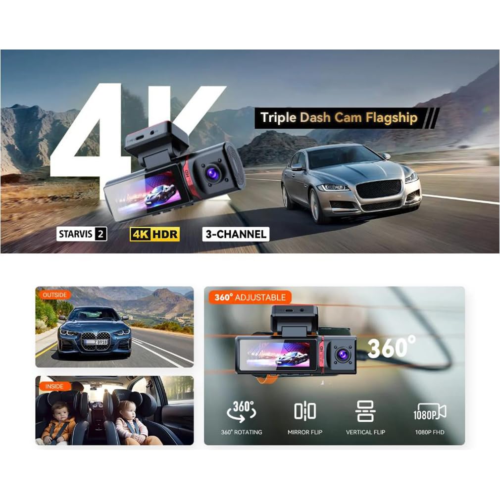 4K 3 Channel Dash Camera for Cars, Built-in Wifi App with GPS Tracker Car DVR Tracker, IR Night Vision Video Recorder 2160P+1080P+1080P, 360 Degree Panoramic Protection