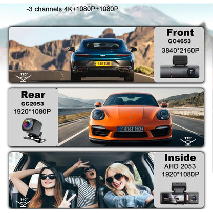 4K 3 Channel Dash Camera for Cars, Built-in Wifi App with GPS Tracker Car DVR Tracker, IR Night Vision Video Recorder 2160P+1080P+1080P, 360 Degree Panoramic Protection