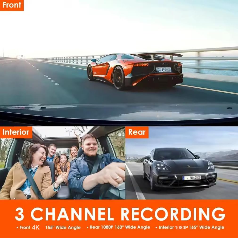 4K 3 Channel Dash Camera for Cars, Built-in Wifi App with GPS Tracker Car DVR Tracker, IR Night Vision Video Recorder 2160P+1080P+1080P, 360 Degree Panoramic Protection