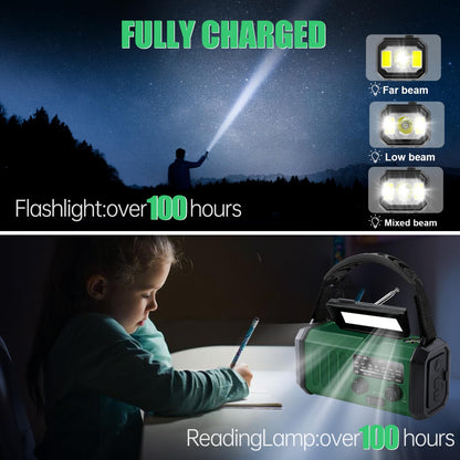 Emergency Weather Radio 20000mAh NOAA/AM/FM with 74000mWh USB/Solar/Hand Crank Charging, Battery Operated, SOS Alarm & Flashlight for Indoor/Outdoor Emergencies (Green)