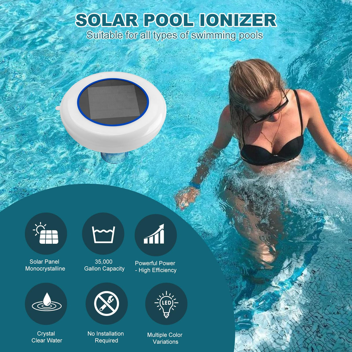 Solar Pool Ionizer for Above Ground Pool Up to 35,000 Gal Floating Pool Cleaner Ionizer for Pool Ionizer for Inground Pool Solar Copper Pool Ionizer
