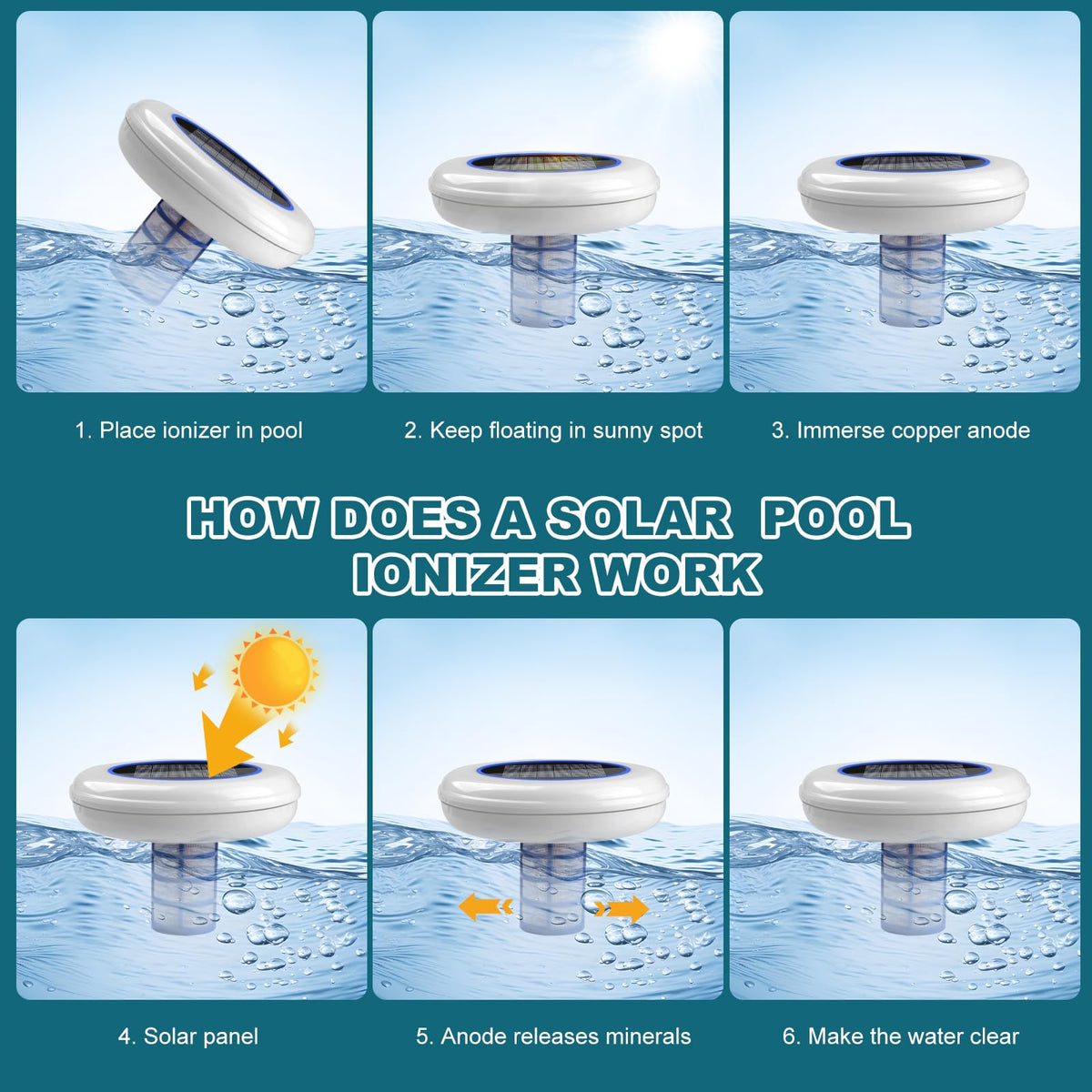 Solar Pool Ionizer for Above Ground Pool Up to 35,000 Gal Floating Pool Cleaner Ionizer for Pool Ionizer for Inground Pool Solar Copper Pool Ionizer