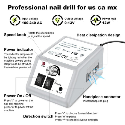 Electric Nail Drill Machine, TERRIFI Low Noise Low Vibration Professional Nail File Machine up to 20000 RPM for Acrylic, Gel Nail Remover, Manicure Pedicure Kit with 156pcs Accessories