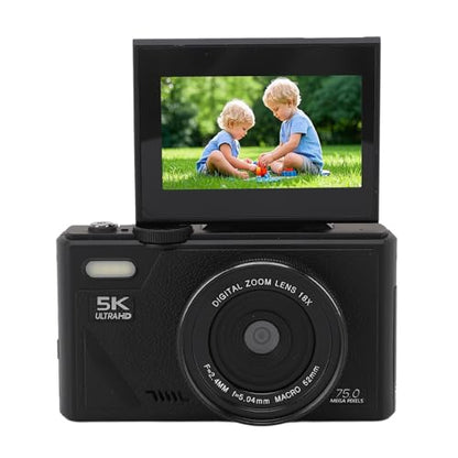 Digital Camera 5K 75MP Travel HD 18X Zoom Retro Autofocus Mirrorless Flip Screen 3 Inch for Adults Beginners (Black)