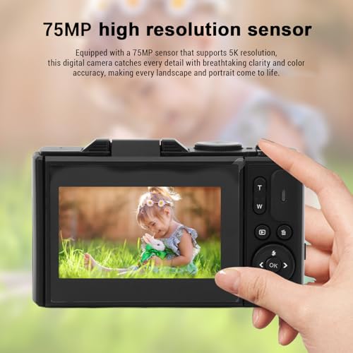 Digital Camera 5K 75MP Travel HD 18X Zoom Retro Autofocus Mirrorless Flip Screen 3 Inch for Adults Beginners (Black)