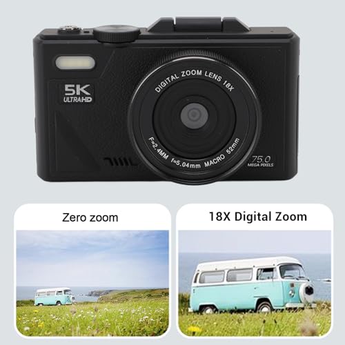 Digital Camera 5K 75MP Travel HD 18X Zoom Retro Autofocus Mirrorless Flip Screen 3 Inch for Adults Beginners (Black)